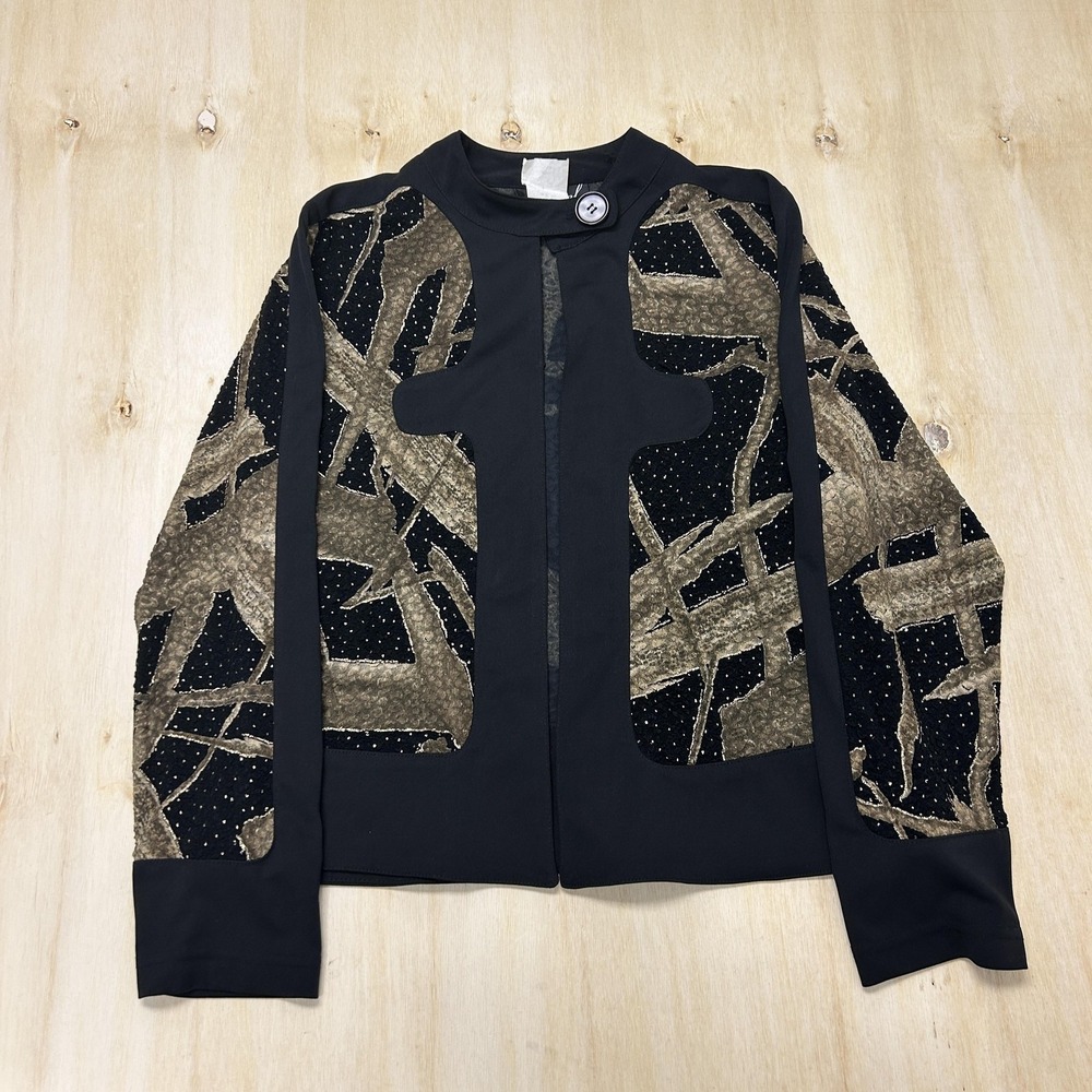 Vintage Jolibel Jacket Womens 12 Black Geometric Knit Zip Collarless Stretch